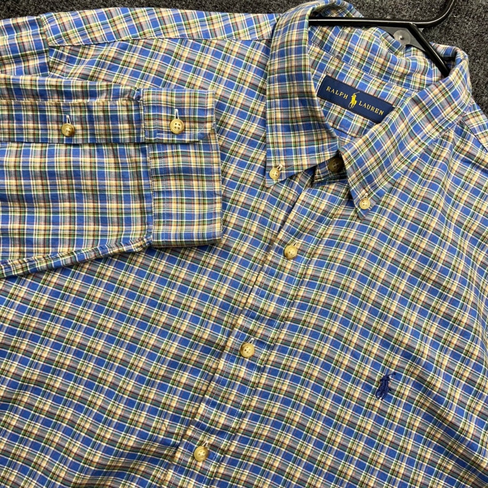 Ralph Lauren Mens XXL Plaid Button Down Shirt Blue Green Cotton Long Sleeve 2782